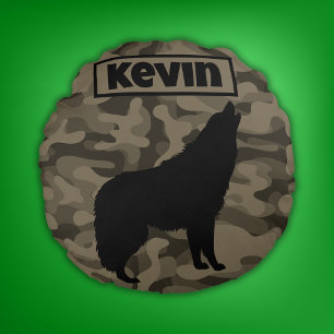 Modern Bruin Camo Zwart Wolf Silhouet Monogram   Rond Kussen