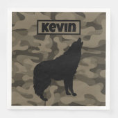 Modern Bruin Camo Zwart Wolf Silhouet Monogram | Servet (Voorkant)