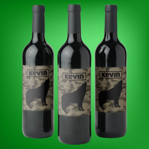 Modern Bruin Camo Zwart Wolf Silhouet Monogram   Wijn Etiket