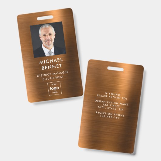 Modern Bruin Faux Metallic Corporate Foto ID Badge (Voor- en achterkant)