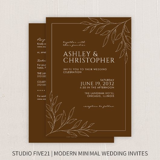 Modern bruin gebladerte schets alles-in-één bruilo kaart