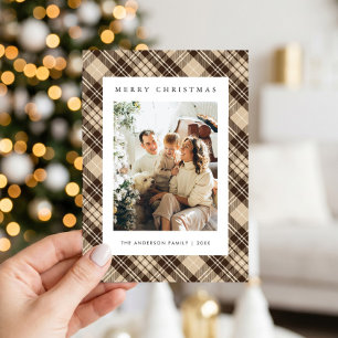 Modern bruin geruit familiefoto kerst feestdagenkaart