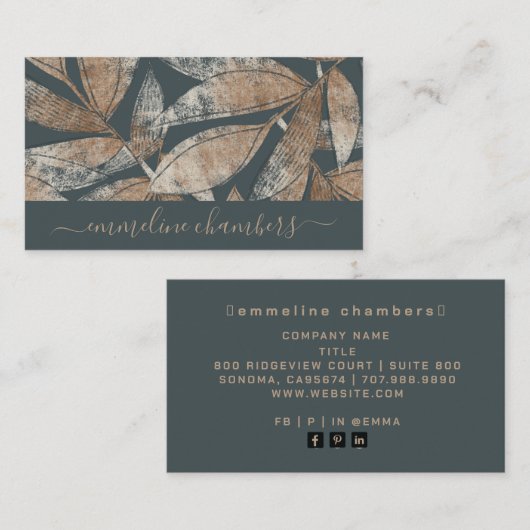 Modern bruin houtskool grijs bladpatroon visitekaartje (Voorkant / Achterkant)