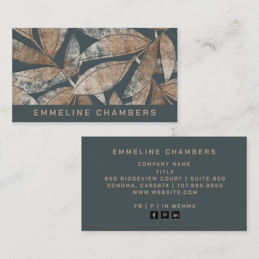 Modern bruin houtskool grijs bladpatroon visitekaartje (Voorkant / Achterkant)