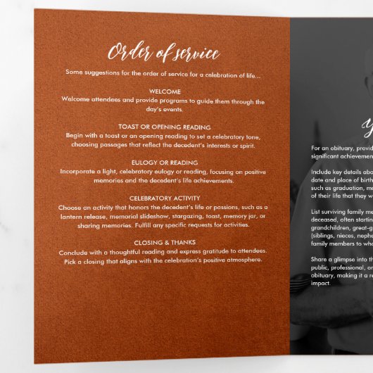 Modern Bruin Leer 3-Foto Begrafenis / Memorial Drieluik Programma (Binnenzijde eerst)