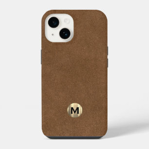 Modern Bruin Leer Geborsteld Goud Monogram iPhone 14 Hoesje