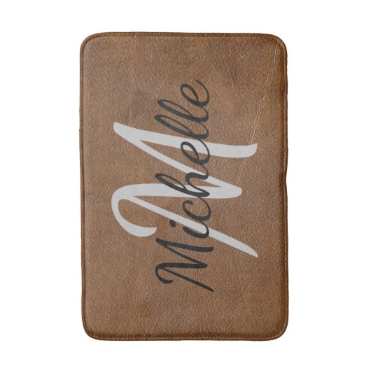 Modern Bruin leer Typografie & Naam Monogram Badmat (Voorkant Verticaal)