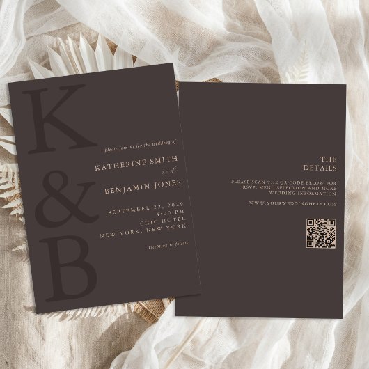 Modern Bruin Monogram All in One Trouwfeest Kaart