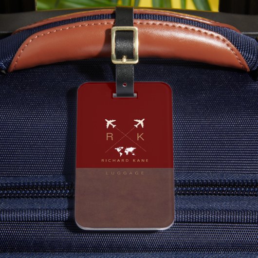 Modern bruin / rood Bagagelabel met naam (Voorkant Insitu 2)