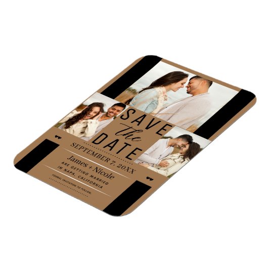 Modern Bruin Save the Date 3 Foto Bruiloft Magneet (Linkerzijde)