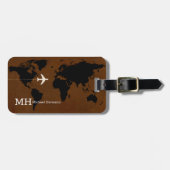 Modern Bruin Zwart Reizen World-Map Custom Bagagelabel (Voorkant horizontaal)