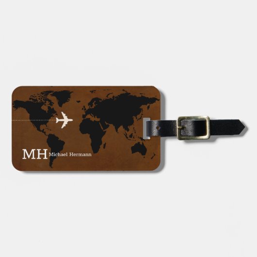 Modern Bruin Zwart Reizen World-Map Custom Bagagelabel (Voorkant horizontaal)