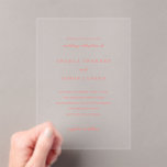 Modern Bruisende Levendige Koraal Eenvoudige Trouw Acryl Uitnodigingen<br><div class="desc">Dit ontwerp maakt deel uit van een bruisende en levendige koraal trouwkaartenset met elegante typografie en een schone, moderne lay-out. De rijke koraaltint creëert een warme, oogverblindende verklaring terwijl het een verfijnd en tijdloos gevoel behoudt. Perfect voor koppels die op zoek zijn naar een fris, eigentijds ontwerp met een levendig...</div>