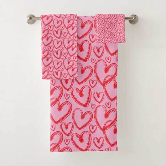 Modern Brush Heart Pink Red Pattern Bad Handdoek (Insitu)
