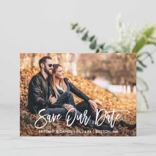 Modern Brush Schrift Foto Bewaar Onze Datumkaart Save The Date (Staand voorkant)