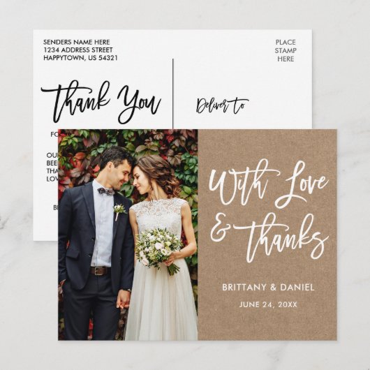 Modern Brush Schrift Love and Thanks Trouw Kraft Briefkaart (Voorkant / Achterkant)