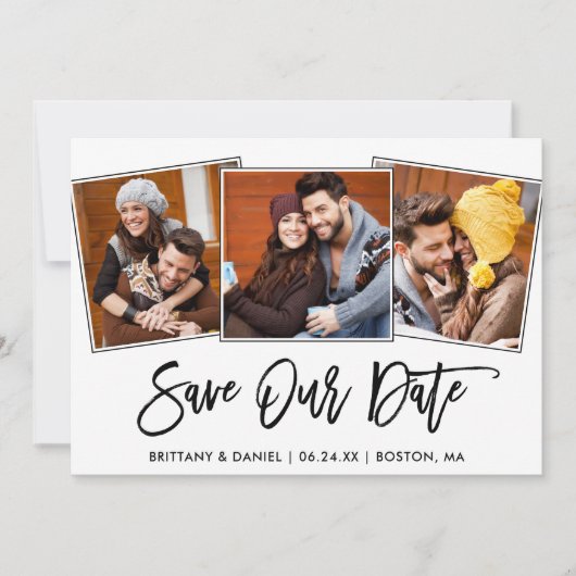 Modern Brush Script 3 Foto Save Our Date Kaart (Voorkant)
