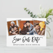 Modern Brush Script 3 Foto Save Our Date Kaart (Staand voorkant)