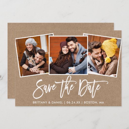 Modern Brush Script 3 Fotocollage Kraft Save The Date (Voorkant / Achterkant)