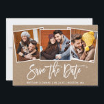 Modern Brush Script 3 Fotocollage Kraft Save The Date<br><div class="desc">Modern Brush Script Paar 3 Foto Sla de datum Verloving Aankondiging Kraft Kaart</div>