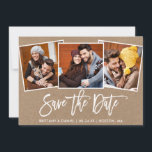 Modern Brush Script 3 Fotocollage Kraft Save The Date<br><div class="desc">Modern Brush Script Paar 3 Foto Sla de datum Verloving Aankondiging Kraft Kaart</div>
