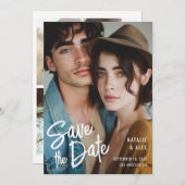 Modern Brush Script 3 Photo Wedding Sla de datum o Kaart (Voorkant / Achterkant)