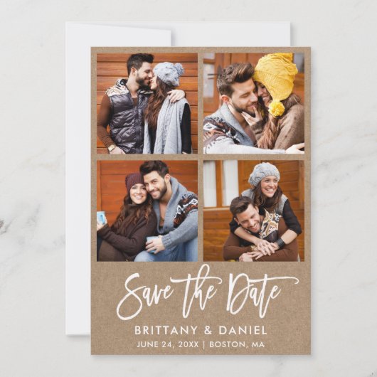 Modern Brush Script 4 Foto paar Kraft Save The Date (Voorkant)