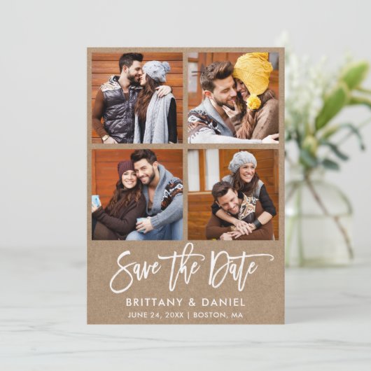 Modern Brush Script 4 Foto paar Kraft Save The Date (Staand voorkant)