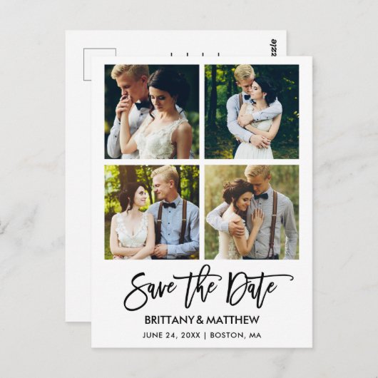 Modern Brush Script 4 foto's Sla de datum op Briefkaart (Voorkant / Achterkant)