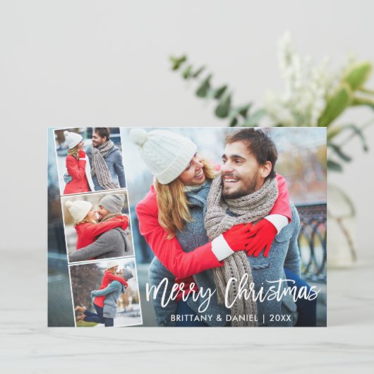 Modern Brush Script 4 Photo Couple Collage Feestdagenkaart (Staand voorkant)