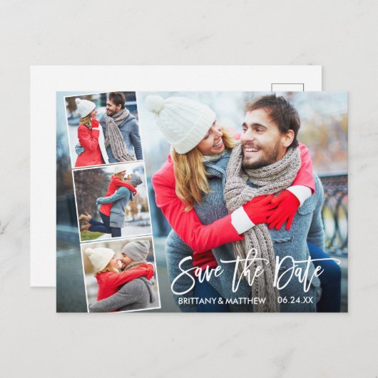 Modern Brush Script 4 Photo Sla de datum op Briefkaart (Voorkant / Achterkant)