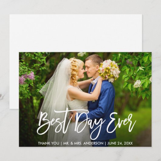 Modern Brush Script Beste Dag Ooit Trouwfoto Bedankkaart (Voorkant / Achterkant)
