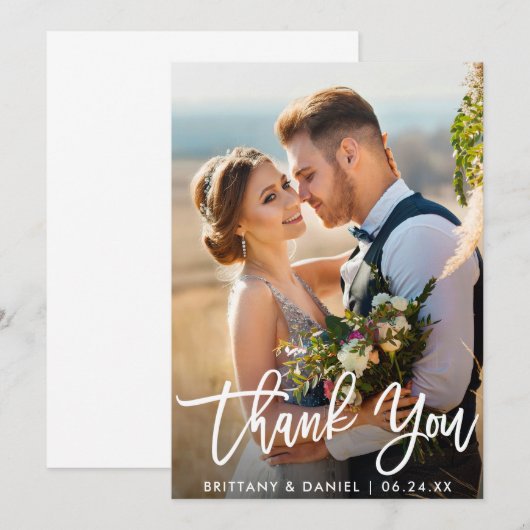 Modern Brush Script Bruid Bruidegom Foto bruiloft Bedankkaart (Voorkant / Achterkant)