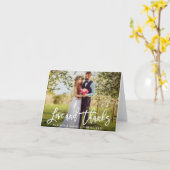 Modern Brush Script Bruiloft Foto Liefde Bedankt O Kaart (Gele Bloem)