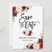 Modern Brush Script Burgundy Floral Save The Date (Voorkant)