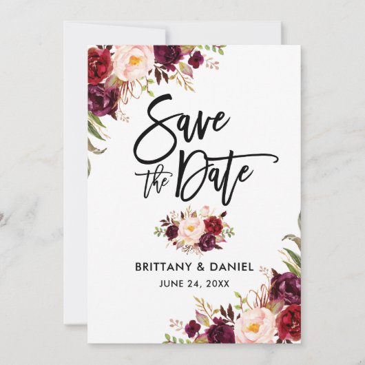 Modern Brush Script Burgundy Floral Save The Date (Voorkant)
