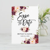 Modern Brush Script Burgundy Floral Save The Date (Staand voorkant)