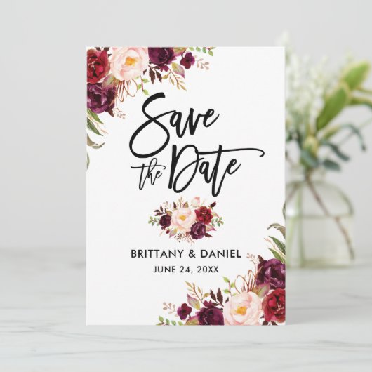 Modern Brush Script Burgundy Floral Save The Date (Staand voorkant)
