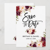 Modern Brush Script Burgundy Floral Save The Date (Voorkant / Achterkant)