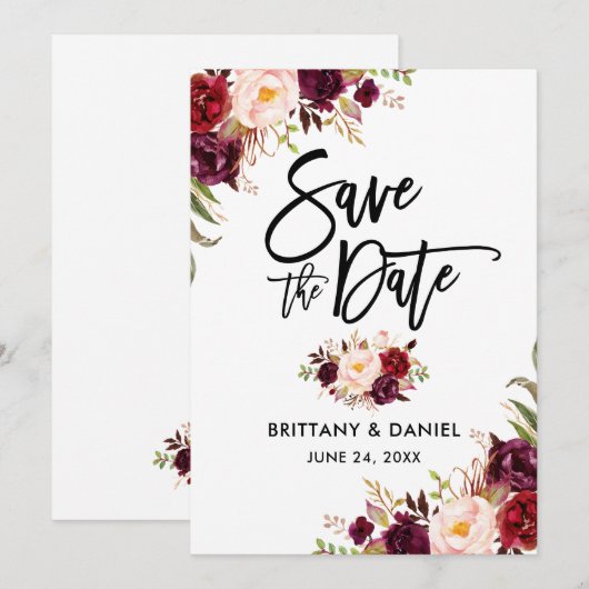 Modern Brush Script Burgundy Floral Save The Date (Voorkant / Achterkant)