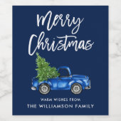 Modern Brush Script Christmas Blue Truck Wijn Etiket (Enkel label)