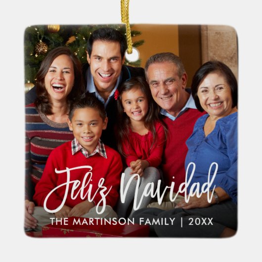 Modern Brush Script Feliz Navidad Photo Keramisch Ornament (Voorkant)