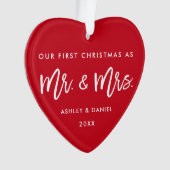 Modern Brush Script First Kerstmis Mr. Mrs Red Ornament (voorkant)