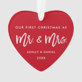 Modern Brush Script First Kerstmis Mr. Mrs Red Ornament (achterkant)