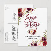 Modern Brush Script Floral Bourgondië Bewaar de da Aankondigingskaart (Voorkant / Achterkant)