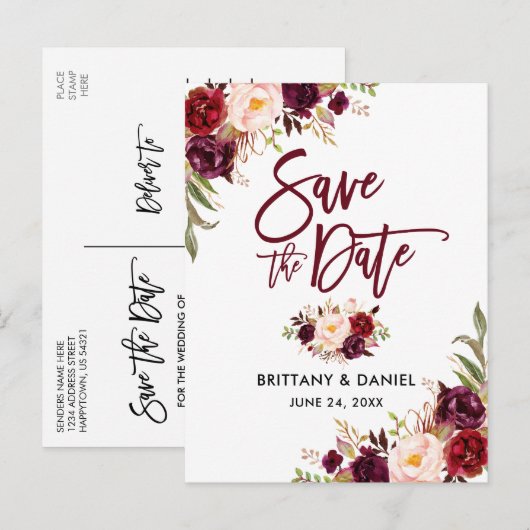 Modern Brush Script Floral Bourgondië Bewaar de da Aankondigingskaart (Voorkant / Achterkant)
