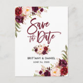 Modern Brush Script Floral Bourgondië Bewaar de da Aankondigingskaart (Voorkant)