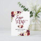 Modern Brush Script Floral Bourgondië Bewaar de da Aankondigingskaart (Staand voorkant)