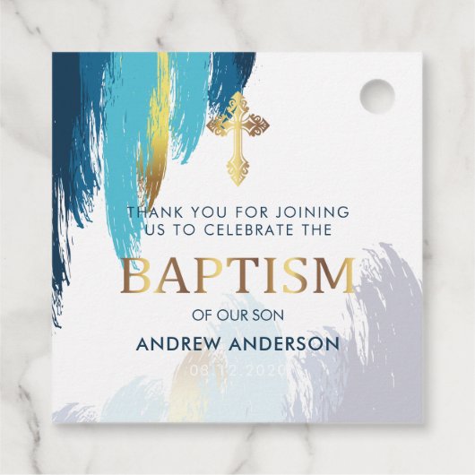 Modern Brush Script Gold & Blue Bedankt doop Bedankjes Labels (Achterkant)