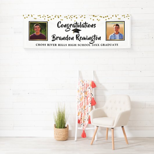 Modern Brush Script Goud Confetti Afstuderen Zwart Spandoek (Insitu)
